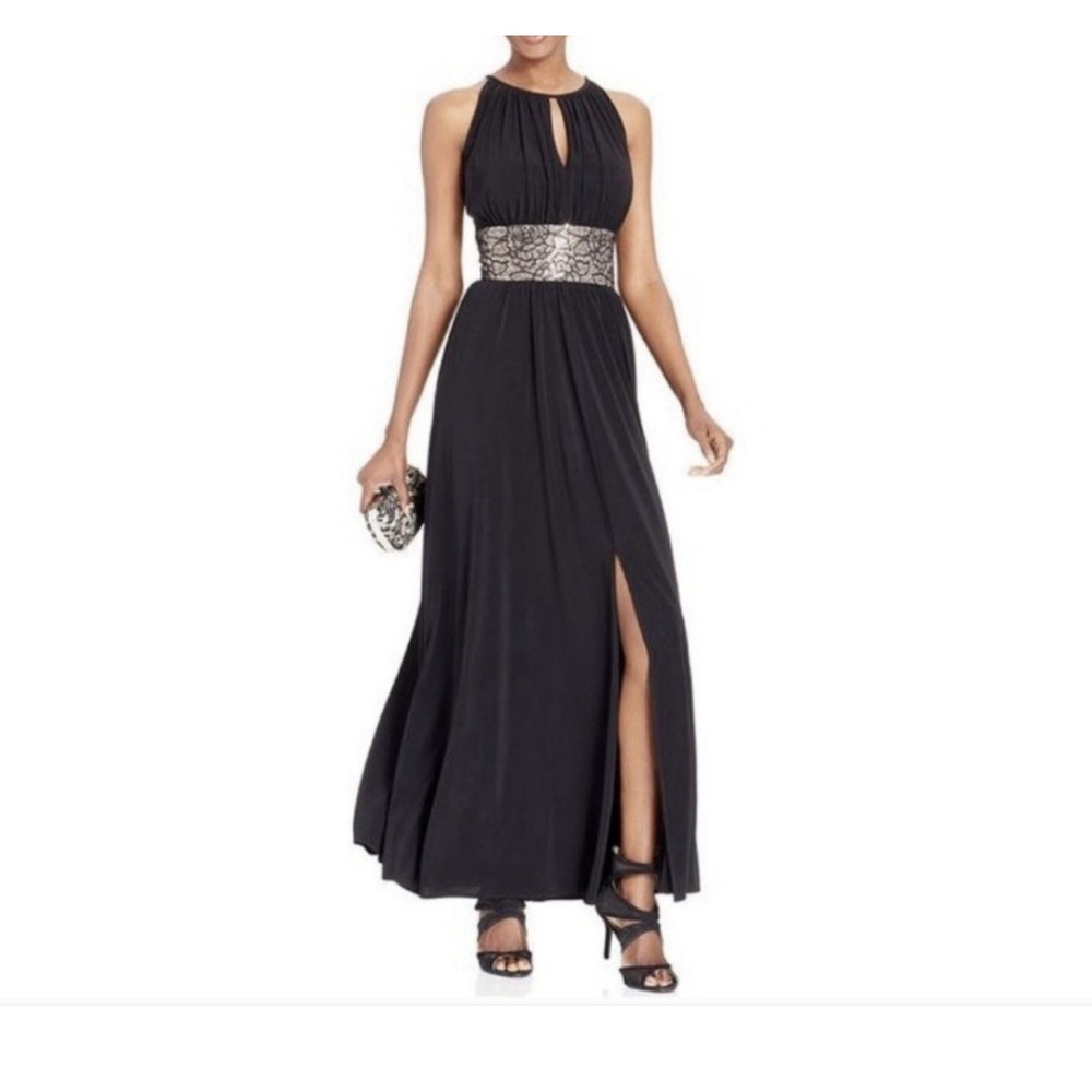 R&M Richards Formal Dress Black Sequined Waist Peephole Slit Sz 16 Prom - Picture 2 of 16